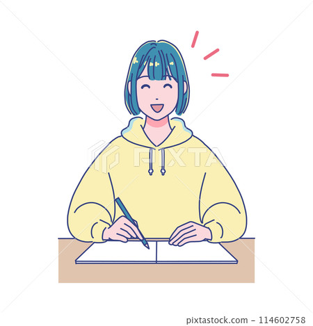 Anime-style female student studying at a desk 114602758