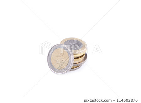 Stack of euro coins on white background Stack of euro coins on white background 114602876
