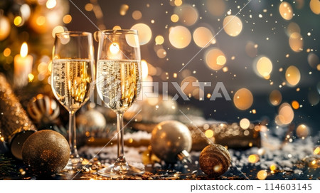 Champagne flutes clink amidst glittering holiday decorations and cozy candlelight 114603145