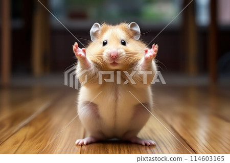 Hamster Roborovski contorting its body into a funny yoga pose 114603165