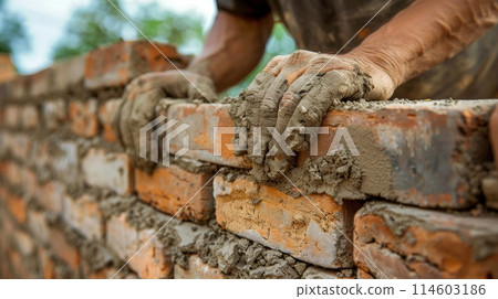 Skilled mason laying bricks with cement, highlighting construction intricacies 114603186