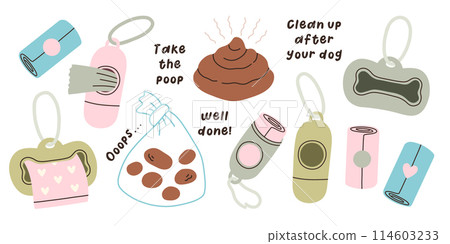 Dog poop bags set. Poop bags in holder. Packet for dog poo. Cartoon, flat. Isolated vector illustration eps10 114603233