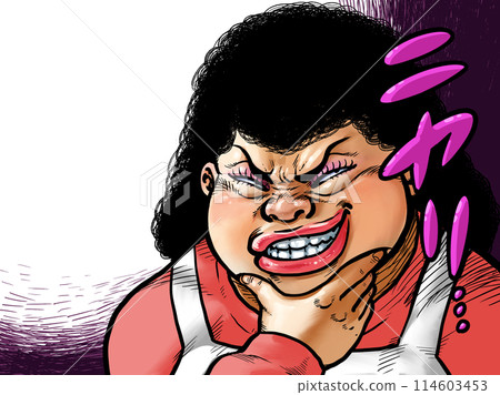 Illustration of an older woman grinning with her hand on her chin 114603453
