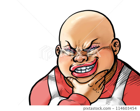 Illustration of an older woman grinning with her hand on her chin 114603454
