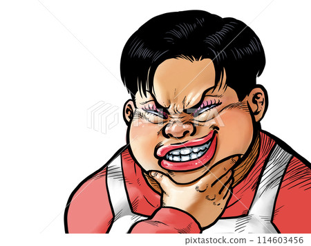 Illustration of an older woman grinning with her hand on her chin Illustration of an older woman grinning with her hand on her chin 114603456