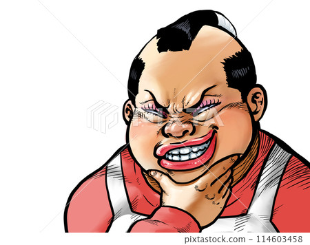Illustration of an older woman grinning with her hand on her chin Illustration of an older woman grinning with her hand on her chin 114603458