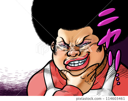 Illustration of an older woman grinning with her hand on her chin 114603461