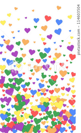 Falling hearts valentine card template. Rainbow colored scattered hearts. LGBT valentine card. Chaotic falling hearts vector illustration. Falling hearts valentine card template. Rainbow colored scattered hearts. LGBT valentine card. Chaotic falling hearts vector illustration. 114603504