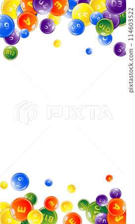 Vitamins and minerals complex. Multivitamins supplement round colorfull scattered pills. Beauty treatment and nutrition skin care. Healthy life concept. Medical and scientific background. 114603522