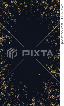 Heart confetti valentine overlay. Gold hearts scattered on black background. Joyfull heart confetti vector illustration 114603524