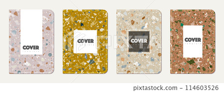 Brochure cover design. Terrazzo abstract background made of natural stones, granite, quartz and marble. Venetian terrazzo texture brochure template. 114603526