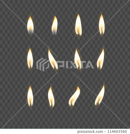 3d realistic white and paraffin or wax burning party candle and different flame of a candle icon set closeup isolated. Vector 114603560