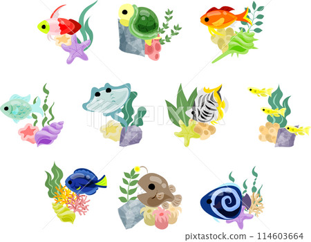 一組美麗的魚圖示讓人想起水族館。 一組美麗的魚圖示讓人想起水族館。 114603664