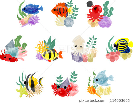 一組美麗的魚圖示讓人想起水族館。 一組美麗的魚圖示讓人想起水族館。 114603665