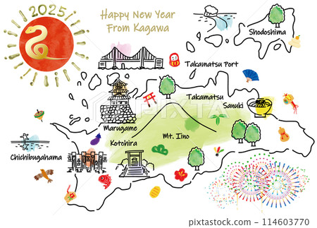 2025年香川縣賀年片旅遊景點插畫圖 2025年香川縣賀年片旅遊景點插畫圖 114603770