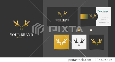 Deer head logo design with antlers forming wings in elegant gold color 114603846