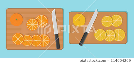 sliced with knife orange and lemon on cutting board top view vector flat illustration 114604269