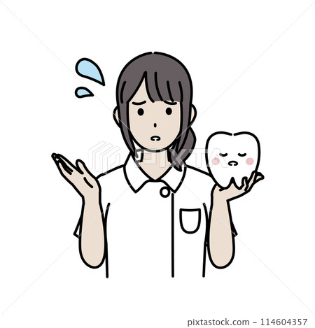 Illustration of a dentist and a female dental hygienist warning about dental troubles 114604357