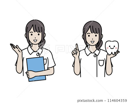 Illustration of a dentist and female dental hygienist explaining about teeth Illustration of a dentist and female dental hygienist explaining about teeth 114604359