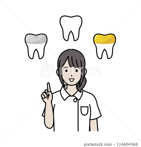 女牙醫和牙科保健員解釋填充物和嵌體的插圖 114604368