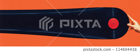 Banner. Contemporary art collage. Nostalgia or times gone by. Hand holding black record against orange background. Copy space. Banner. Contemporary art collage. Nostalgia or times gone by. Hand holding black record against orange background. Copy space. 114604438