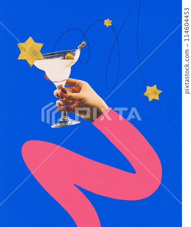 Poster. Contemporary art collage. Drawn hand holds tropical cocktail against vivid blue background. Relax vibe 114604453