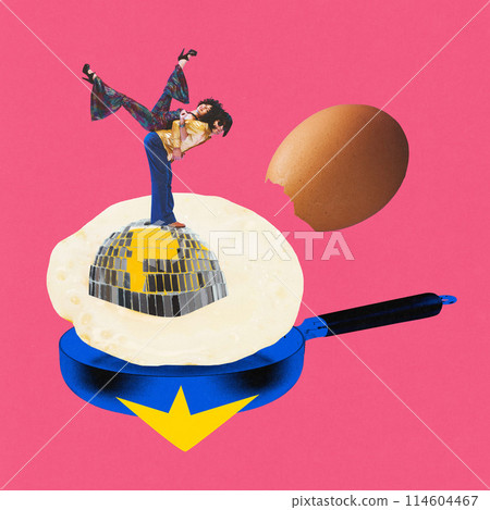 Poster. Contemporary art collage. Man and woman in retro attire dancing on fried egg with discoball on pan against pink background. Poster. Contemporary art collage. Man and woman in retro attire dancing on fried egg with discoball on pan against pink background. 114604467