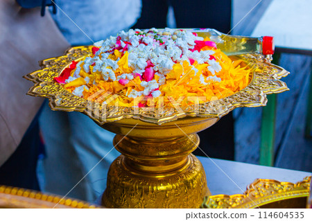 Pour water on the hands of revered elders and ask for blessing in Songkran Day. 114604535