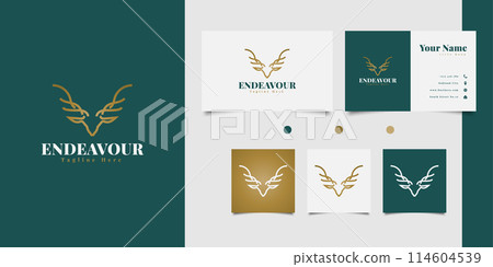 Elegant deer head logo design with line art concept in golden gradient 114604539