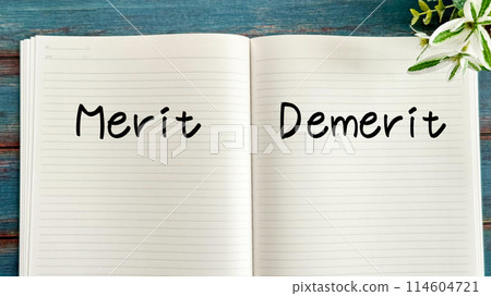 An open notebook with the words Merit and Demerit and a leaf on the top right_Blue board background 114604721