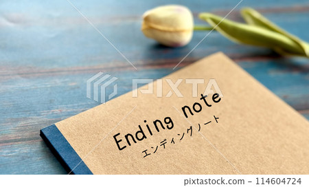 Ending note, note with text and tulips_blue board background diagonal Ending note, note with text and tulips_blue board background diagonal 114604724