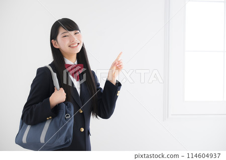 High school girl smiling from the front looking at the camera on an easy-to-use white background Recommended pose by pointing 114604937