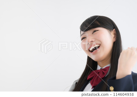 A high school girl laughing and looking up on a white background, easy to use A high school girl laughing and looking up on a white background, easy to use 114604938