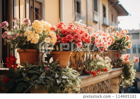 Beautiful pots with flowers. 114605181