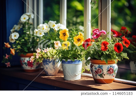 Beautiful pots with flowers. 114605183