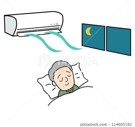 Senior man sleeping comfortably with air conditioner on Senior man sleeping comfortably with air conditioner on 114605192