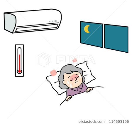 Senior woman suffering from heatstroke at night without turning on air conditioner 114605196