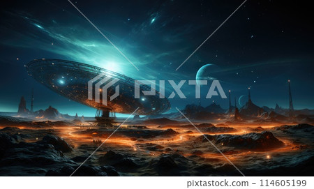 Scenery of a radio telescope on a starry night. Scenery of a radio telescope on a starry night. 114605199