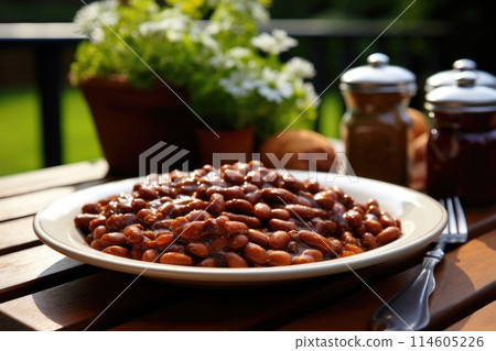 Baked Boston Beans on a plate in the garden on the table. 114605226