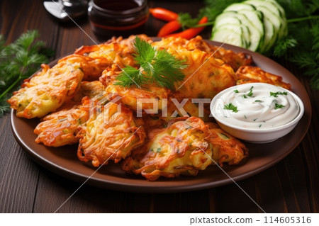 Vegetable pancakes with herb dip 114605316