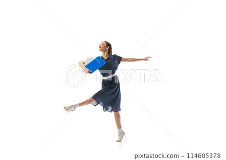 Motivated and ambitious woman, office worker in motion, walking with documents, folders isolated on white background Motivated and ambitious woman, office worker in motion, walking with documents, folders isolated on white background 114605378