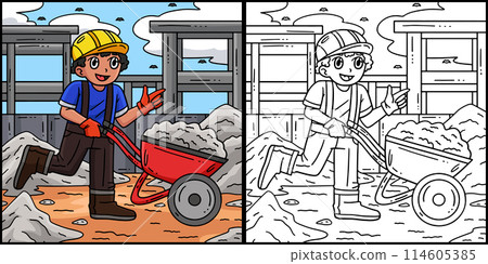 Construction Worker and Wheelbarrow Illustration Construction Worker and Wheelbarrow Illustration 114605385
