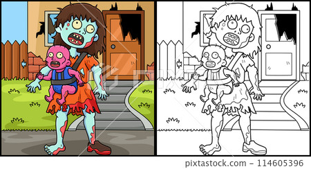 Zombie Mother and Child Coloring Page Illustration 114605396