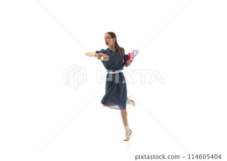 Deadlines, Female employee, office worker with books and notes, coffee cup being late to work, running isolated on white background 114605404