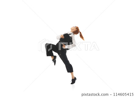 Focused woman in formal wear, manager in motion wit brief case, running to work isolated on white background. 114605415