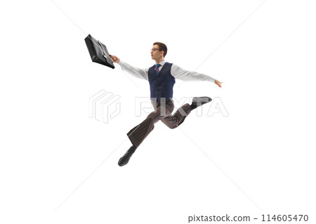 Motivated and ambitious businessman in formal wear, with briefcase running to work with energy and enthusiasm isolated on white background 114605470