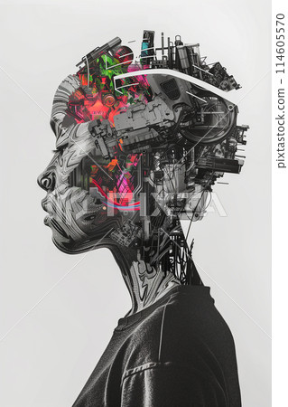 A woman's head is made of various objects, including a car, a building 114605570