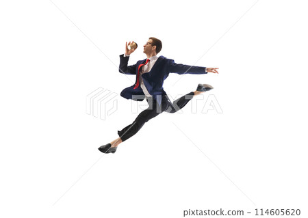 Energetic businessman in mid-leap pose jumping to work, drinking coffee on his way isolated on white background. Employee showing excitement 114605620