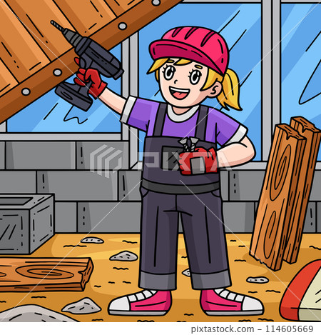 Construction Worker with a Hand Drill Colored  114605669