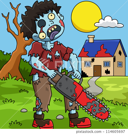 Zombie with Chainsaw Colored Cartoon Illustration 114605697